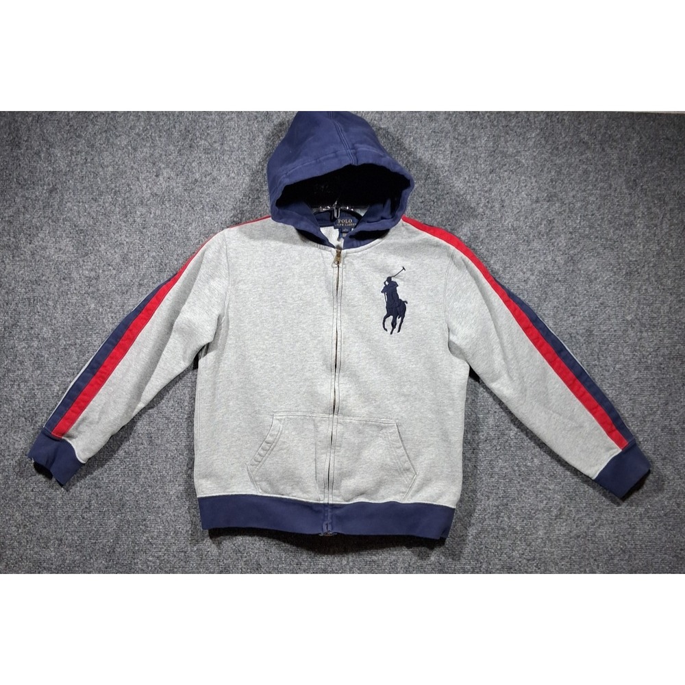 Polo Ralph Lauren Boys Grey Big Pony Full Zip Hoodie Grey Navy Red Size L 14-16
